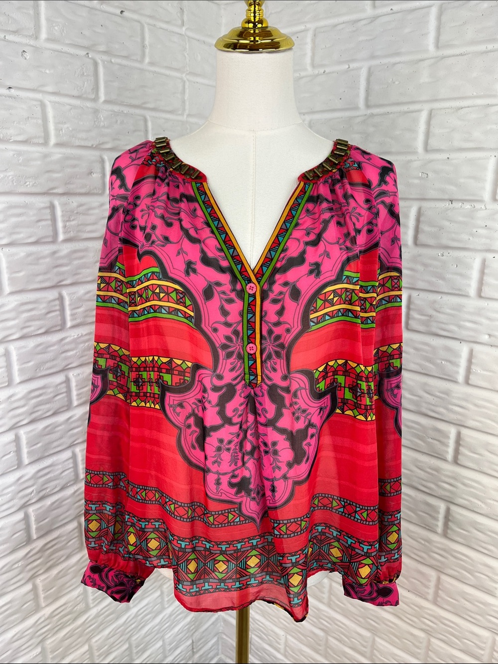 HALE BOB 100% SILK COLORFUL AND BUTTON UP SLEEVE BEADED NECKLINE SZ SM